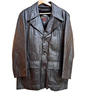 VTG Fantastic Intl. Mens Black Leather Coat Sz 46 LG Longline Zip Out Fur Lining